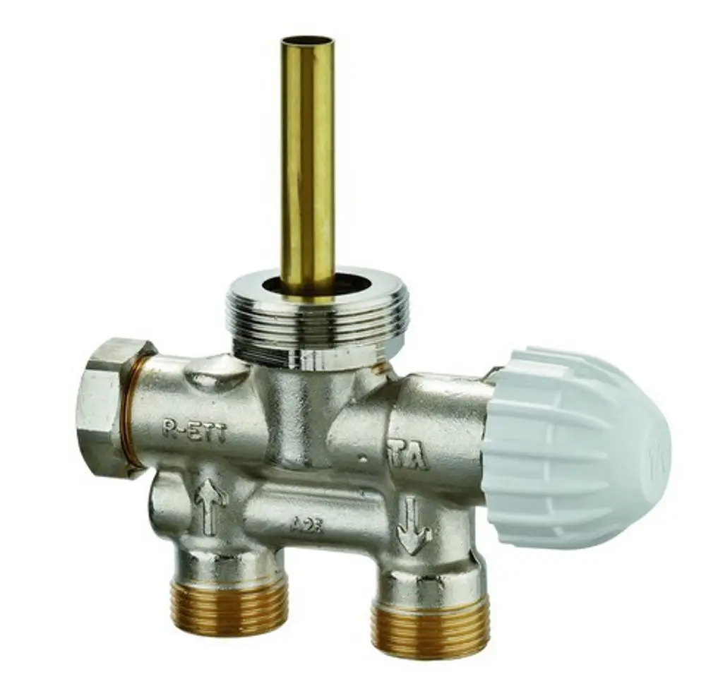 Heimeier Einrohrventil mit Messingkörper und einem weißen Regler. Für unteren Einpunktanschluss, hergestellt von IMI Hydronic Engineering.